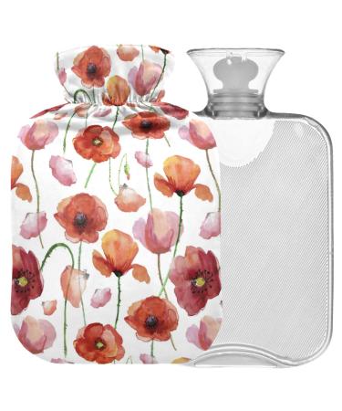 NAANLE hot water bottle with cover watercolor poppy flower transparent hot water bottle 2 l large warm-up bag for menstrual cramps relief of hand feet heat and cold therapy