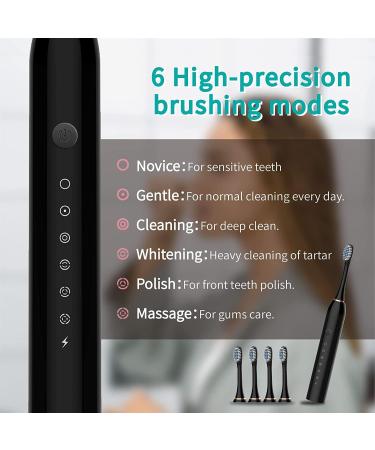 Sonic Electric Toothbrush USB Rechargeable with 4 Heads, 6 Modes & Timer - IPX7 Waterproof for Adults & Kids (Black) - Buy Online on GoSupps.com