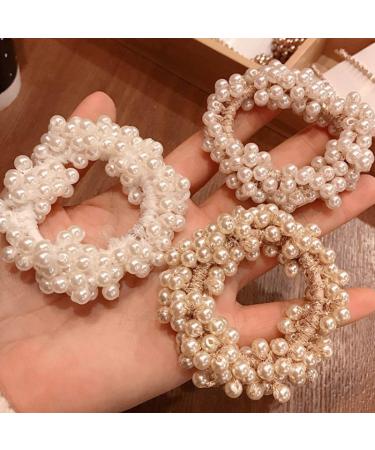 Bartosi Pearl Hair Ties White Weave Hair Scrunchies Stretch Hair Rope Accessories for Women and Girls (Pack of 3)