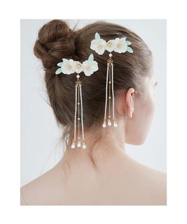 White Vintage Flower Pearl Barrette Earring Tassel Hair Pin Set - 3 Pairs | Kawaii Kimono Floral Hair Accessories for Women - Buy Online on GoSupps.com