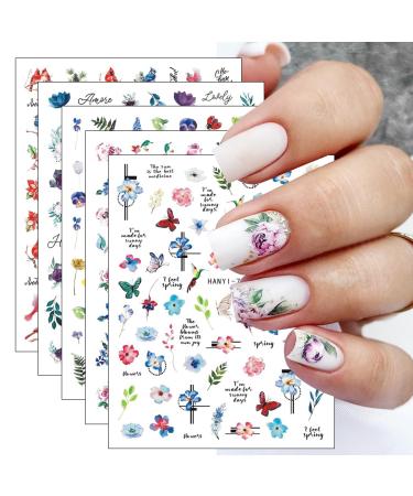 JMEOWIO 9 Sheets Butterfly Flower Nail Art Stickers Decals Self-Adhesive Spring Summer Floral Nail Supplies Nail Art Design Decoration Accessories