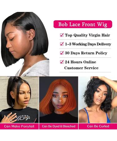 HerSmile 10 Inch Straight Bob Human Hair Lace Front Wig for Black Women - Pre Plucked HD Lace Frontal, 180% Density, Natural Color, 13x4 Design - Buy Online on GoSupps.com