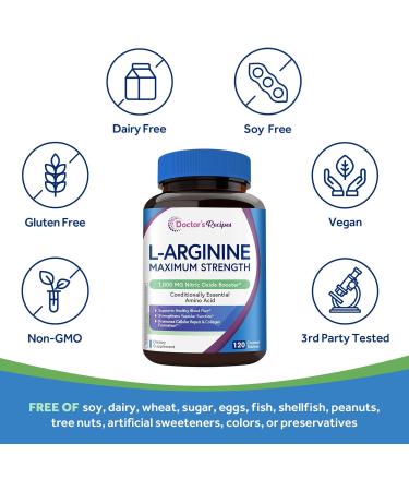 Doctor's Recipes L-Arginine 1000mg Maximum Dose Nitric Oxide Production Blood Flow and Vascular Function Endurance and Workout Support for Men and Women 120 Coated Tablets - Buy Online on GoSupps.com