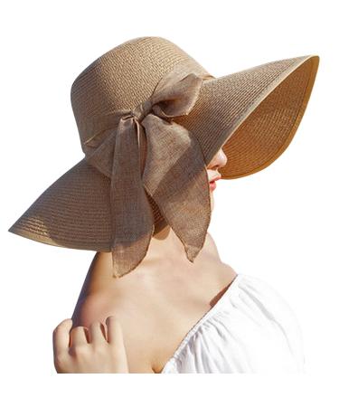 Lanzom Womens 5.5 Inches Big Bowknot Straw Hat Large Floppy Foldable Roll up Beach Cap Sun Hat UPF 50+ Khaki One Size