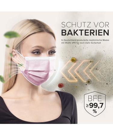 50-Piece MADE IN GERMANY Disposable Face Masks | CE Certified Type IIR | Breathable Triple Layer Filtration | Elastic Earloops | Adults - Rosa - Buy Online on GoSupps.com
