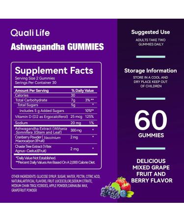 QualiLife Ashwagandha Gummies for Relax & Cortisol Support High Strength Root Extract with Cranberry & Chaste Tree Grapefruit & Berry Flavour Vegan Non-GMO Gluten-Free 60 Gummies (30 Days) - Buy Online on GoSupps.com