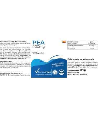  Vitamintrend PEA 400mg - Palmitoiltanolamide - 120 capsules - high dose - vegan - supplements from Germany | Vitamintrend - Buy Online on GoSupps.com