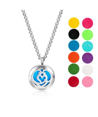 Wild Essentials Couple s Heart Essential Oil Diffuser Necklace Stainless Steel Locket Pendant with 24 inch Chain 12 Color Refill Pads Customizable Color Changing Perfume Jewelry for Aromatherapy Silver Couple's Heart No Oils