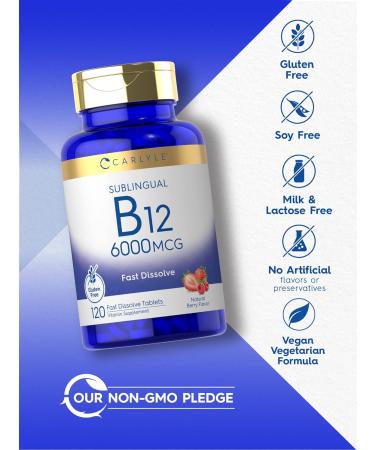 Carlyle Vitamin B-12 6000mcg Fast Dissolve Tablets - 120 Count | Natural Berry Flavor | Vegetarian, Non-GMO, Gluten-Free Sublingual Supplement - Buy Online on GoSupps.com
