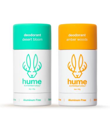 Hume Supernatural Aluminum Free Deodorant for Women & Men Natural Ingredients Probiotic Plant Based Baking Soda Free Aloe & Cactus Flower Anti Sweat Stain & Odor - Desert Bloom & Amber Woods Variety 2 Pack
