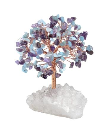 Kyeygwo amethyst & aquamarine healing crystal money tree on natural mountain crystal druse rodstein base feng shui bonsai tree stone luck tree figure gemstone tree ornament house decor