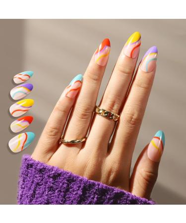 96Pcs Medium YGDZ Press On Nails - 4 Packs Short Almond Fake Nails with Nail Glue | Glossy Full Cover False Nails Set - French, Colorful & Reusable Designs for Women and Girls - Buy Online on GoSupps.com