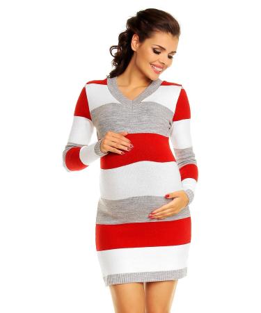 Zeta Ville Women's - Maternity Stripes Knit Jumper Dress Tunic Top V-Neck - 405c 16-18 Red