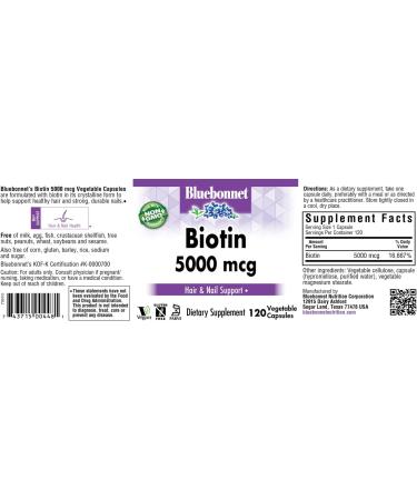 Bluebonnet Nutrition Biotin 5000 Mcg Veg Capsules - Keratin Support, Vegan, Non GMO, Gluten Free - 120 ct - Buy Online on GoSupps.com