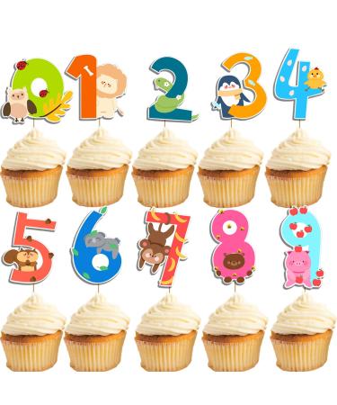 Set of 10 Number 0-9 Cake Toppers DIY Cupcake Toppers with Some Animals for Wedding Anniversary Cake Decorations Happy Birthday Baby Shower Party Supplies