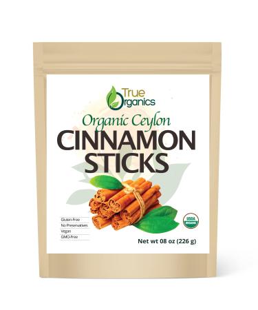 True Organic Ceylon Cinnamon Sticks, 08 ounces Bulk Bag, USDA Organic & Kosher Certified, Non-GMO, Ceylon Cinnamon stick, Perfect for Baking, Cooking, Drinks & Beverages, Pure Ceylon Premium Quality 8 Oz 8 Ounce (Pack of 1)