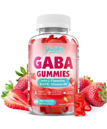 Youlikee GABA Gummies 500mg with L-Theanine 5-HTP Vitamins B6 B12 D3 and Ashwagandha Melatonin-Free for Zzz Better GABA Supplements for Adult Sugar-Free Strawberry Flavor 60 Count