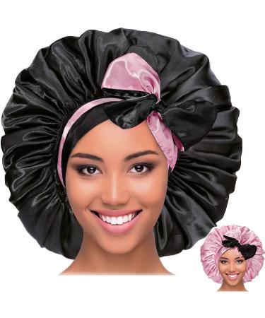 Jumbo Reversible Silk Satin Bonnet for Black Women - Adjustable Extra Large Night Cap for Braids and Curly Hair - Black Pink - Buy Online on GoSupps.com