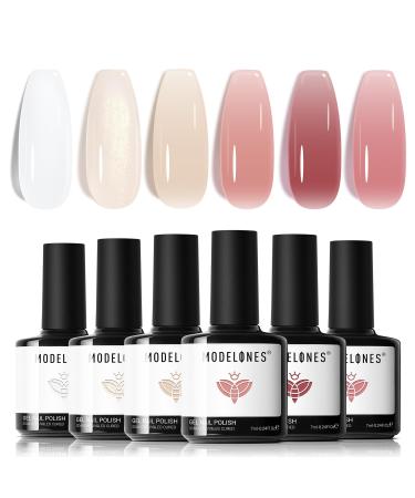 Modelones Jelly Gel Nail Polish 6 Colors Nude Gel Polish Milky White Neutral Nail Gel Polish Shimmery Glitter Translucent Nail Art Gel Kit Soak off Gel Manicure DIY Salon Nail Gift Milky White Nude