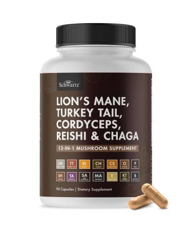BioSchwartz 13-in-1 Mushroom Complex Capsules - Organic Mushroom Supplement with Lions Mane Chaga Reishi Cordyceps - Supports Focus Energy Immune System - with BioPerine for Absorption 90 Count 90 Count (Pack of 1)