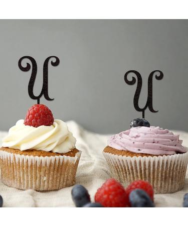 Letter U Wedding Cupcake Toppers Monogram Initial Last Name Glitter Black For Wedding Engagement Party Favors Beach Reusable Laurel Wreath Custom Any Initial Wedding Gifts 6PCS Style-5