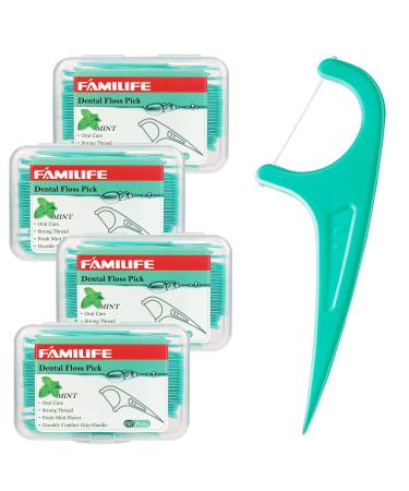 FAMILIFE Floss Picks Mint Dental Floss Picks with 4 Travel Handy Cases 240 Count Flossers Mint Floss(240 Count)