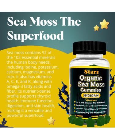 Vitastars Organic Sea Moss Gummies with Apple Cider Vinegar Burdock Root & Bladderwrack - Seamoss Gut Health & Immune Support Supplement for Men & Women 3000 mg 60 Star-Shaped Gummies - Buy Online on GoSupps.com