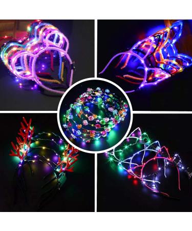 10Pcs LED Cat Ear Flower Crown Glow Headband LED Light Up Flashing Glow Hairbands Women Girls Costume Headband Blinking LED Glow Hair Band Ornaments for Shoot Concert Party Halloween Christmas Wedding