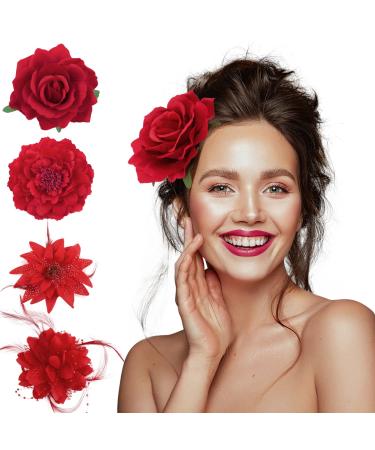 Bofunx 4 pieces Flowers Hair clip Hair clip red flower brooch hair jewelry hair clamp for party wedding halloween carnival masquerade make-up styles-a