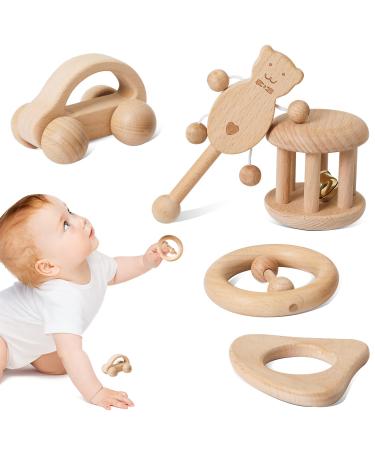 Promise Babe Puzzle Toys Montessori Rattle Set Infant Wooden Rattles Interesting Toy 5pc Nursing Wooden Baby Toys cylindrical+car+bear+round+triangle