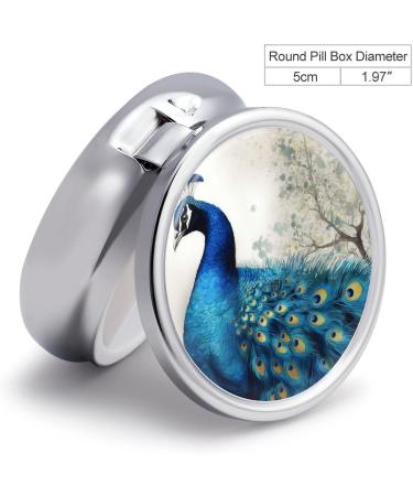 Round Blue Peacock Print Pill Box | 3 Compartment Portable Medicine Organizer | Decorative Metal Pocket Pill Case - Buy Online on GoSupps.com