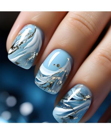24 pieces of nails to stick on short blue white waves french press on nails full cover artificial nails with nail glue sticker acrylic fingernails for sticking on for women & girls nail art
