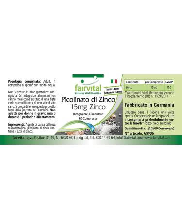 Fairvital | Zinc Picolinate with 15mg Zinc - Important for taste and smell - 60 tablets - 1 Box for 2 months! - Buy Online on GoSupps.com