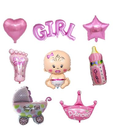 8 pcs Baby Shower balloon Decorations It's A Girl Foil Balloon Pink Feeding Bottle Crown Baby Carriage Love and Star Helium Balloon for Welcome Baby Shower Pregnancy Gender Reveal Party Decor(girl)