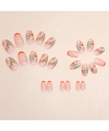 24Pcs Orange Flower French Tip Press On Nails - Short Almond Design for Women & Girls | Elegant Full Cover Acrylic False Nails for Autumn Manicure - Buy Online on GoSupps.com