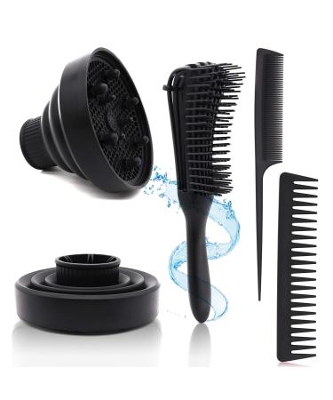 Collapsible Silicone Hair Dryer Diffuser, Detangler Brush Set, Folding Hair Dryer Attachment for Dryer Nozzle 1.57 to 1.97, Professional Blow Dryer Brush Diffuser for Straight or Curly Hair (Black)