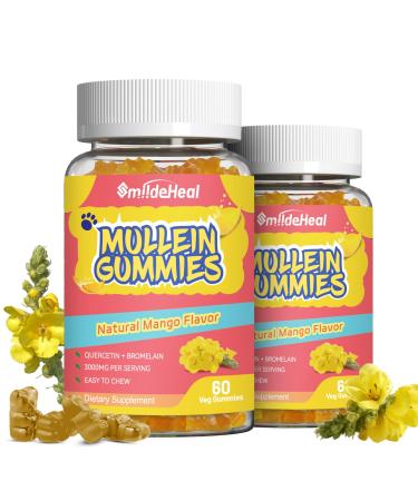 2 Pack Mullein Gummies 3000MG Sugar Free Mullein Gummies with Bromelain & Quercetin Mullein Leaf Extract Supplements for Lungs Vegan 120 Count 60 Count (Pack of 2)