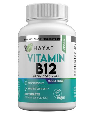 HAYAT Vitamins Vegan Natural Vitamin B12 1000 MCG Dietary Supplement for Energy Metabolism Support 2 Month Supply All Natural Certified Halal 60 Tablets Made in The USA