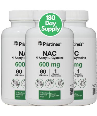 PRISTINE'S N-Acetyl L-Cysteine (NAC) 600MG (3 Pack) Immunity Support Supplement - 180-Day Supply - Potent Lung & Liver Antioxidant Supplement Capsules - Mood Support - Vegan Glutern Free Non GMO