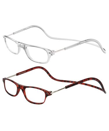 TBOC Pack: Reading Glass reading aid for men - (two units) Diopttria +1.00 Transparent and brown tortoise frame Strength PC Mobile phone foldable woman man Mann Magnet clip anti -visibility presbyopia +1.00 Dioptries (2 Pack) Transparent +brown tortober