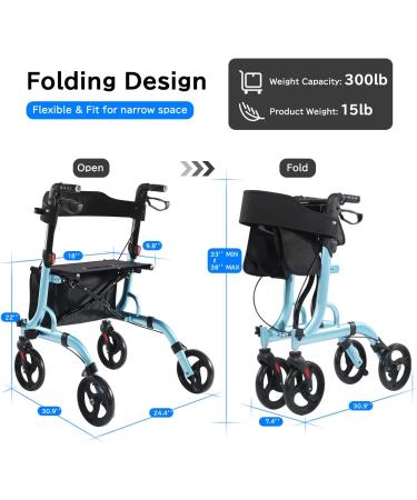 UrEscort Lightweight Rollator Walker for Seniors with Seat, Adjustable Handle & Basket - Blue - Buy Online on GoSupps.com