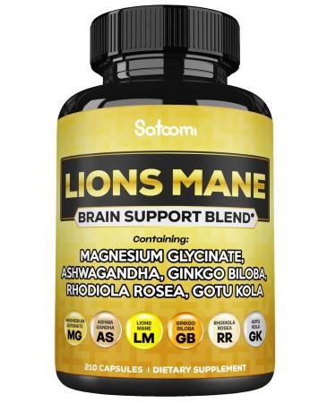 Satoomi Lions Mane Supplement Capsules with Magnesium with Ashwagandha Root, Ginkgo Biloba, Rhodiola Rosea and Gotu Kola - 210 Vegan Capsules - Support Brain Health, Positive Mood & Energy Production 210 Count (Pack of 1)