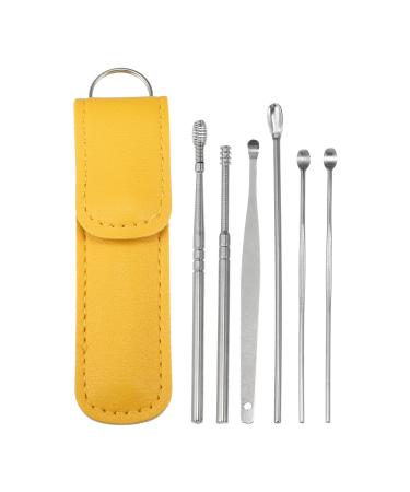 VOCOSTE 6Pcs Stainless Steel Ear Cleansing Tool Set Ear Cleaner Ear Care Set with Faux Leather Packaging Yellow