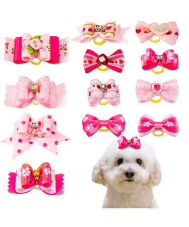 MTLEE 12 Pieces Small Dog Hair Bow Rubber Bands Cute Puppies Hair Bows Pink Doggies Cat Topknot Pet Headdress with Rhinestones Dog Grooming Bowknot Pet Hair Accessories for Puppy Kitten