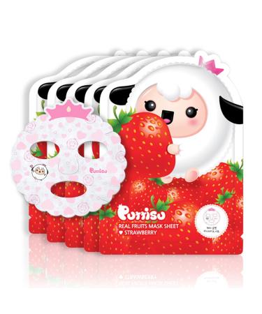 Puttisu Real Fruit Facial Mask Sheet for Kids  Children - Made with 100% Cotton  Moisturize  Sooths and Hydrates Skin (Strawberry- Pack of 5) Strawberry 5 Count (Pack of 1)