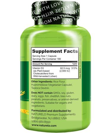 Naturelo Vitamin D 2500 IU - Plant-Based Supplement - 180 Capsules - Buy Online on GoSupps.com