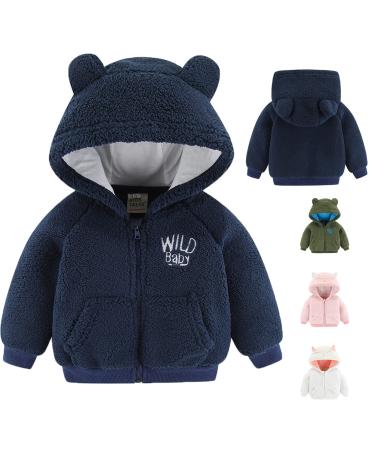 Newborn Infant Baby Boys Girls Cartoon Fleece Hooded Jacket Coat with Ears Warm Todder Kids Outwear Coat Zipper Up 0-6Y 12-18 Months Navy Blue