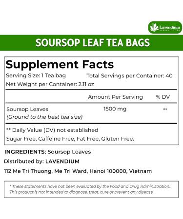Lavendium Premium 40 Soursop Leaf Tea Bags 100% Natural and Pure from Soursop Graviola Leaves. Made with Eco-Conscious Tea Bags Soursop Leaf Herbal Tea. No Sugar No Caffeine No Gluten Vegan. (40 Bags) - Buy Online on GoSupps.com