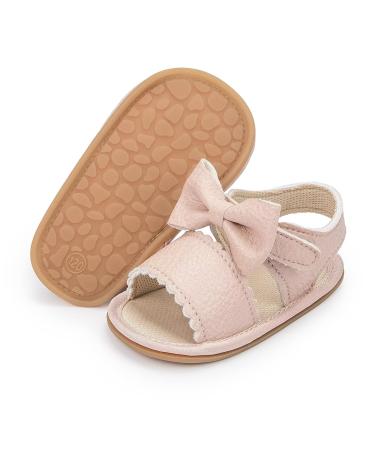 Sonsage Infant Baby Girls Boys Summer Sandals Newborn Bowknot Crib Sandal Outdoor Beach Toddler Pu Leather Soft Rubber Sole Dress Flats First Walker Shoes 12-18 Months A01 Pink