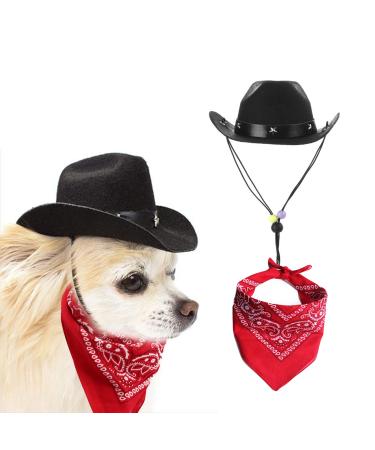 AWOCAN Dog Cowboy Hat and Bandana Scarf Dog Cat Sombrero Puppy Hat Dog Cat Costume Cosplay Cap Puppy Pet Dog Cat Holiday Pet Party Decoration (Black)
